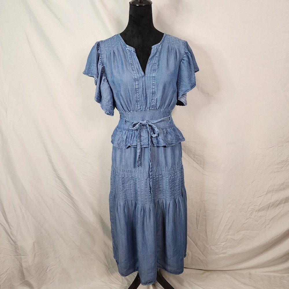 WISHLIST APPAREL Size Small Blu Chambray Denim Ruffled Flutter Sleeve Midi Dress - Picture 2 of 16